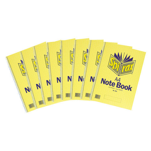 Pack of 8 Spirax 595 A4 notebooks stacked showing spines and white spiral binding