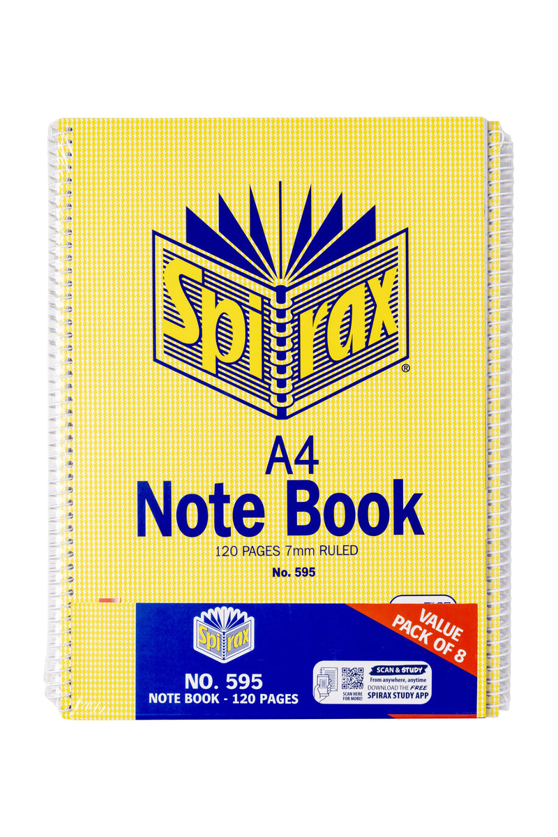 Spirax 595 A4 Note Book pack shot in the yellow check cover, 120 pages 7mm ruled, with a blue band printed No. 595 Note Book 120 pages and a red Value Pack of 8 corner