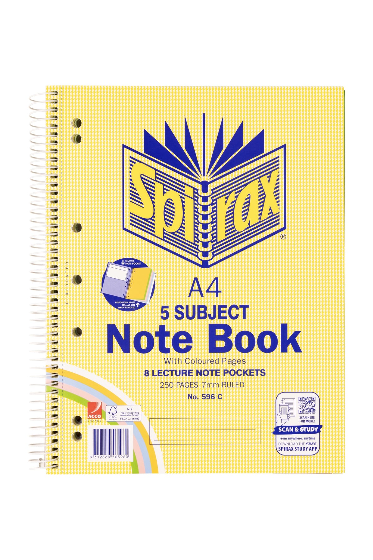 ACCO photo of the current Spirax 596C A4 5 subject note book cover, yellow patterned with a pastel rainbow, printed With Coloured Pages, 8 lecture note pockets and 250 pages 7mm ruled