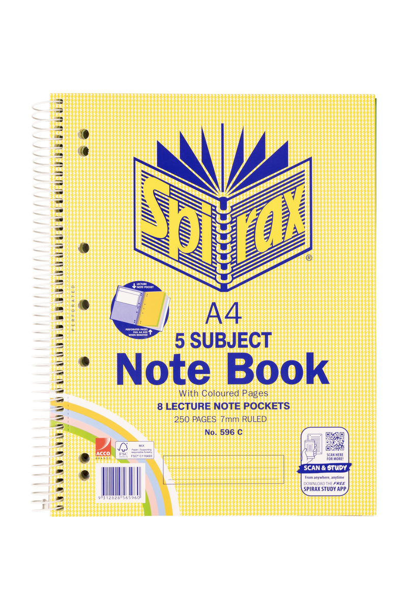 ACCO photo of the current Spirax 596C A4 5 subject note book cover, yellow patterned with a pastel rainbow, printed With Coloured Pages, 8 lecture note pockets and 250 pages 7mm ruled