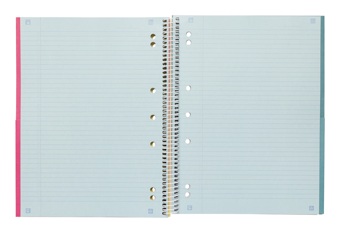 Spirax 596C 5 subject notebook opened flat on a section of pale blue ruled pages, with punched holes beside the spiral and a coloured divider edge showing
