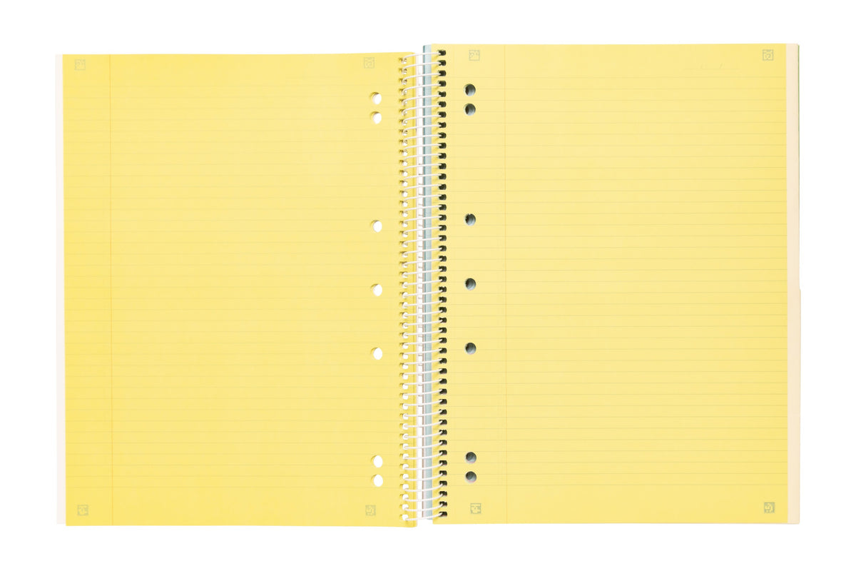Spirax 596C notebook opened at the pale yellow section, a spread of ruled perforated pages with punched holes running down both sides of the spiral