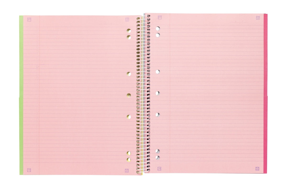 Spirax 596C notebook opened at the pink section, showing pink ruled pages, punched holes and a green divider edge on the left of the spread