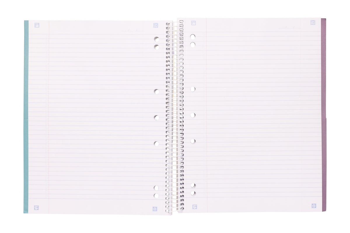 Spirax 596C notebook opened at a white section of ruled pages, with punched holes beside the spiral and blue and purple divider edges at each side