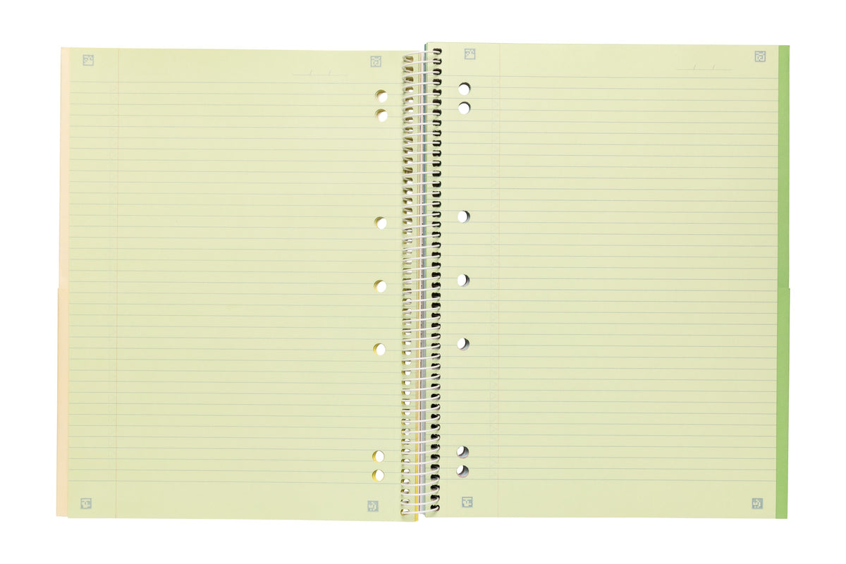 Spirax 596C notebook opened at the pale green section, a spread of green ruled pages with punched holes along the spiral edge