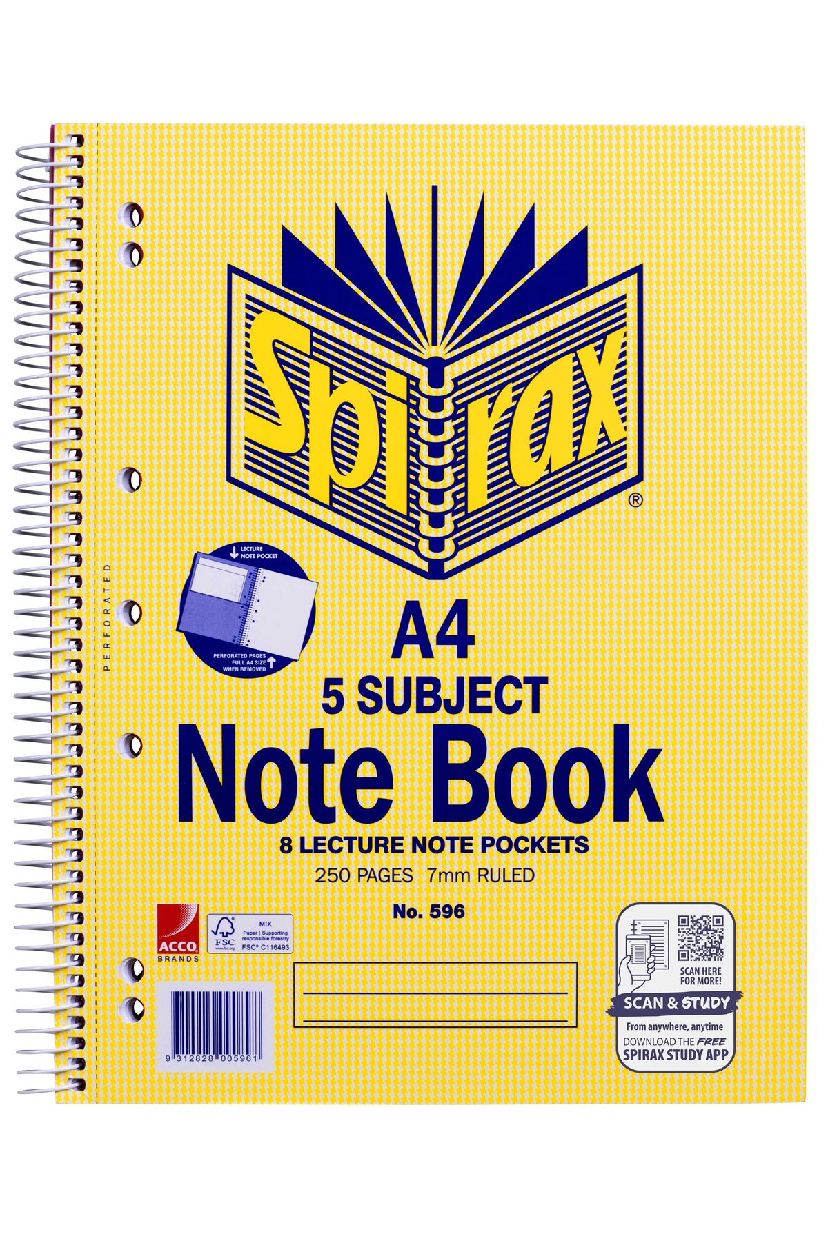 Front of the Spirax No. 596 A4 5 subject note book with a side spiral, punched holes, and 8 lecture note pockets and 250 pages 7mm ruled printed on the yellow cover beside a Scan and Study app panel