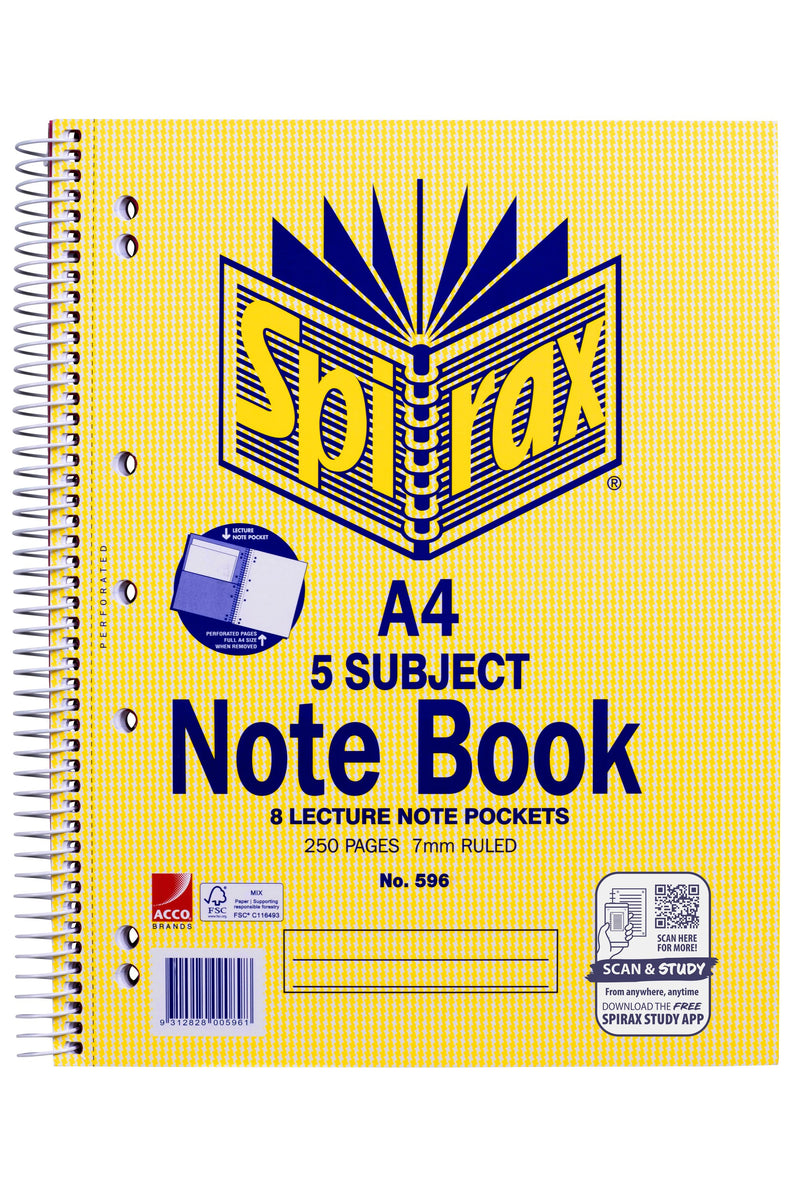 Front of the Spirax No. 596 A4 5 subject note book with a side spiral, punched holes, and 8 lecture note pockets and 250 pages 7mm ruled printed on the yellow cover beside a Scan and Study app panel
