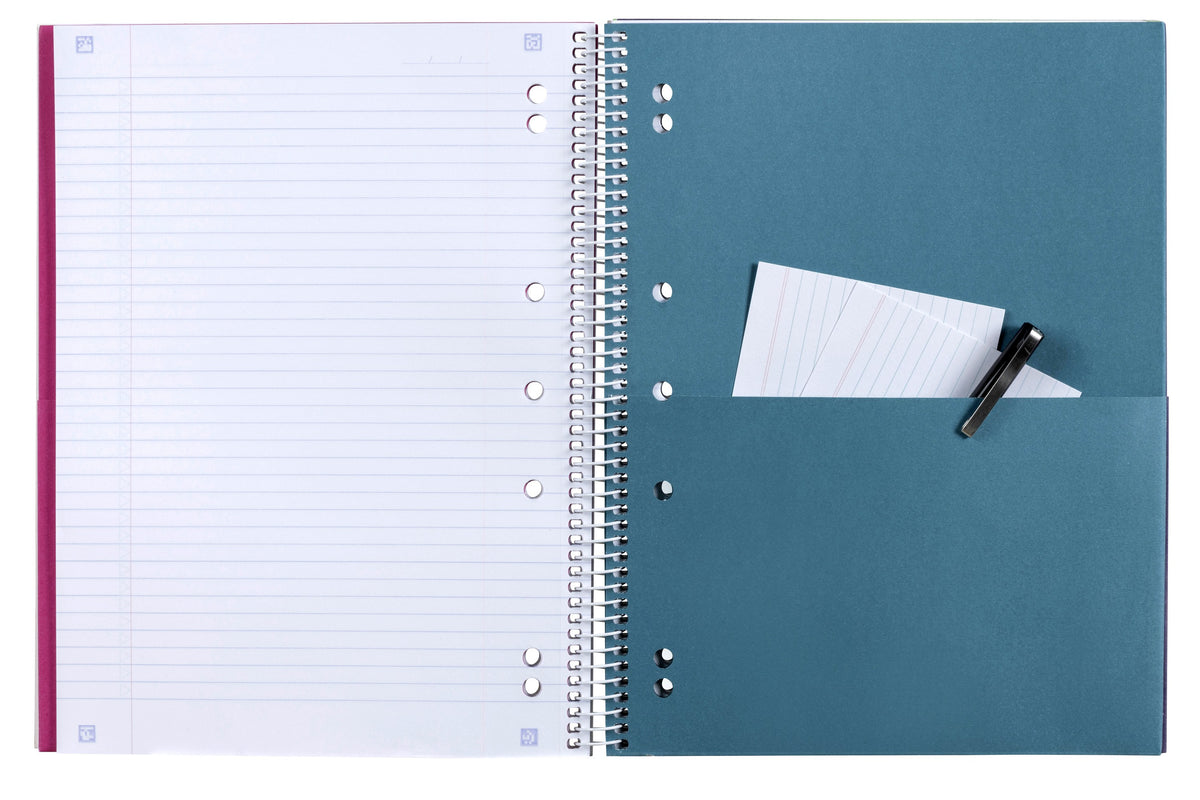 Spirax 596 five subject note book open at a divider, a 7mm ruled page with a thin red margin on the left and a blue grey lecture note pocket holding cards and a pen on the right