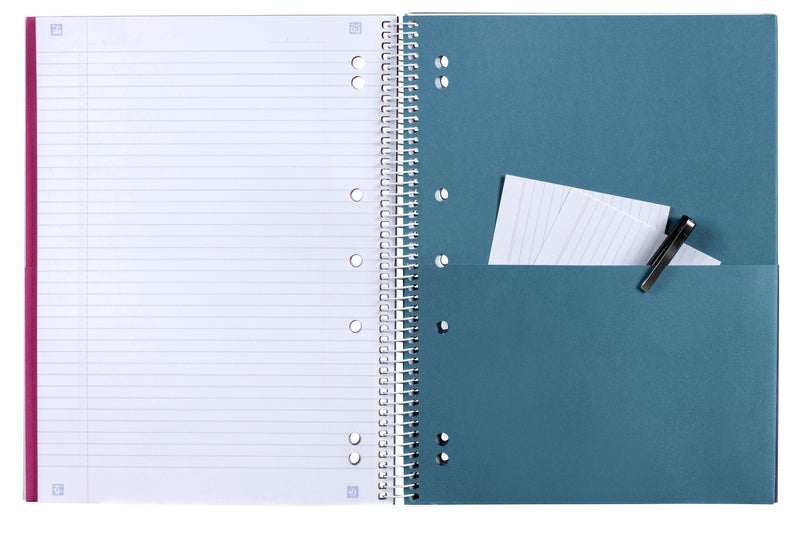 Spirax 596 five subject note book open at a divider, a 7mm ruled page with a thin red margin on the left and a blue grey lecture note pocket holding cards and a pen on the right