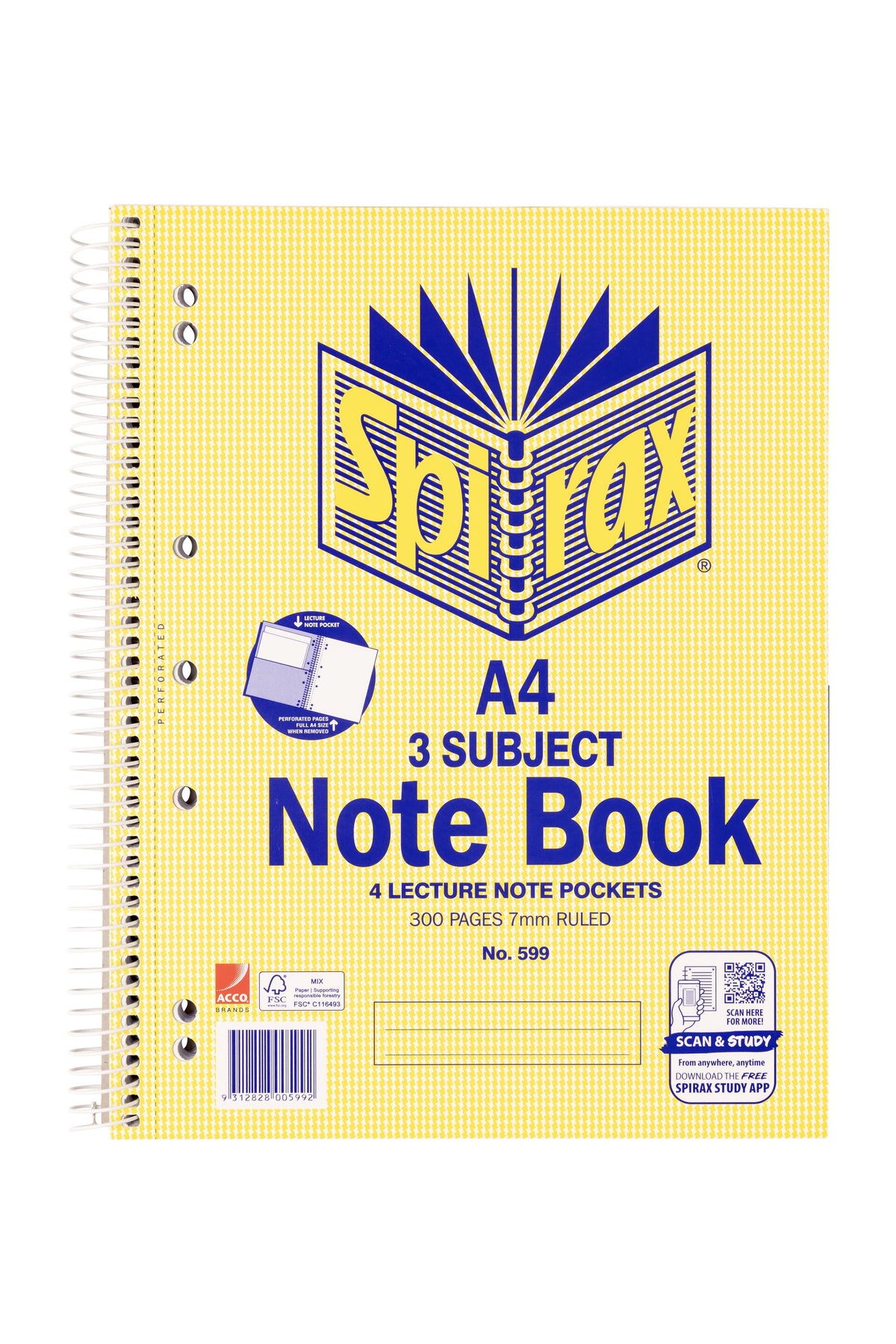 Newer ACCO cover photo for the Spirax 599, a yellow patterned A4 3 subject note book whose front lists the page count, ruling and lecture pockets beside a scan and study panel