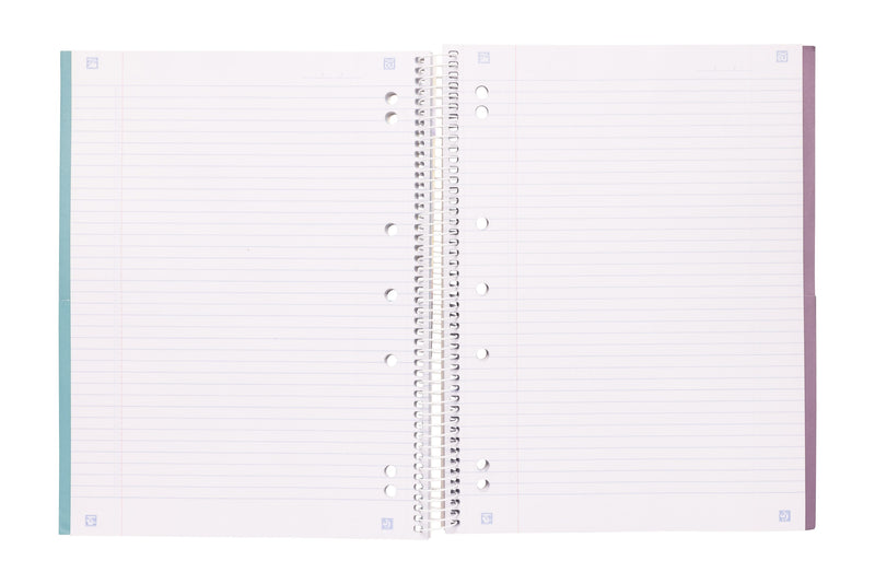 Spirax 599 3 subject notebook opened flat to a spread of white ruled pages with punched holes either side of the spiral and coloured divider edges