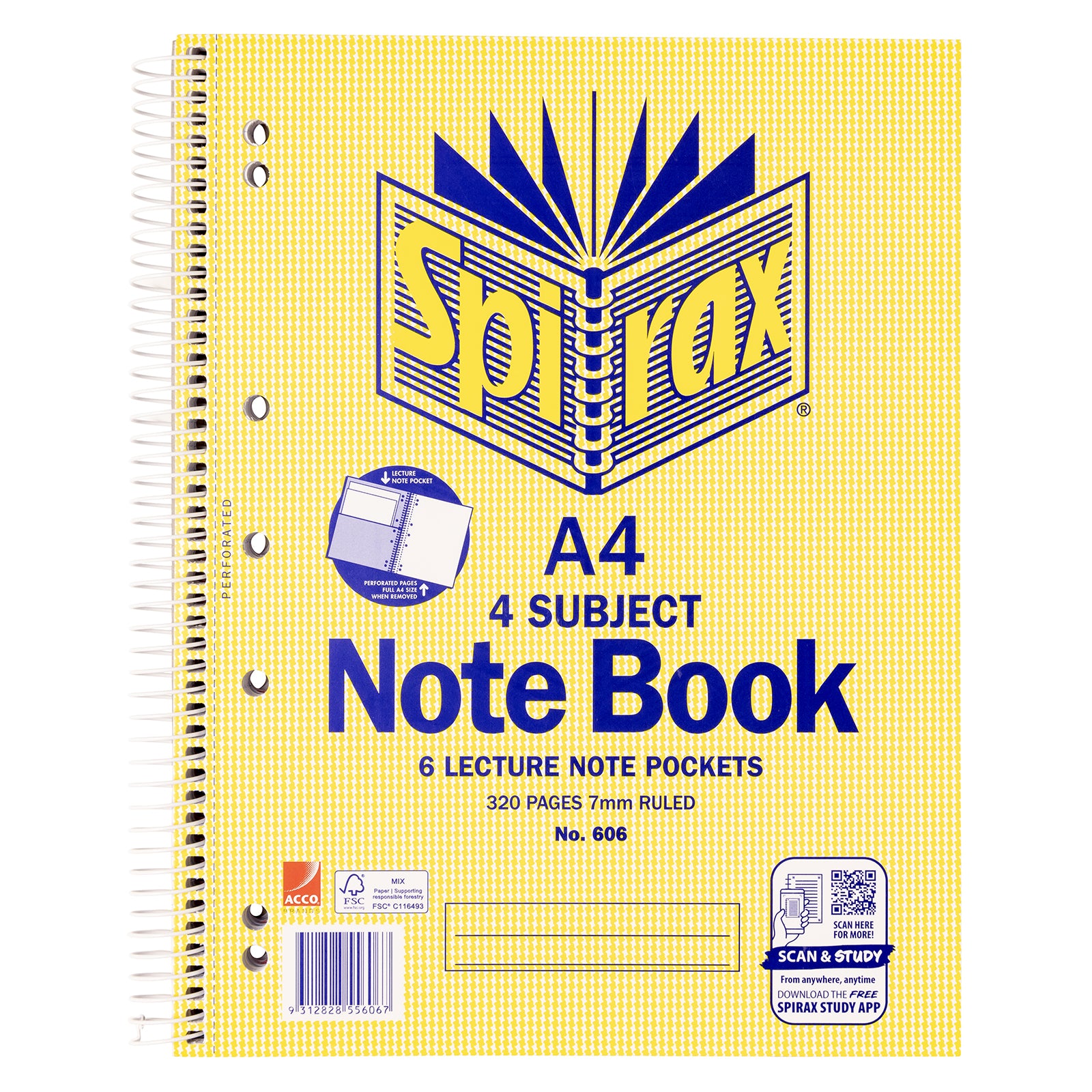 Front product image of the Spirax 606 A4 four subject notebook featuring the yellow cover, side spiral binding, 320 pages, six lecture note pockets, scan and study feature and clean white background.