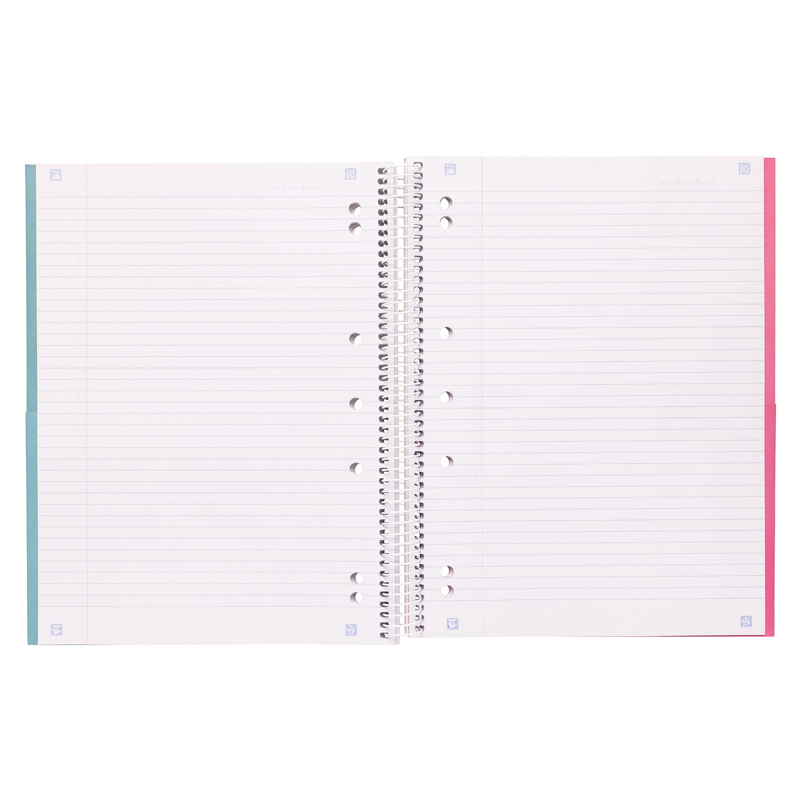 Interior spread of the Spirax 606 notebook displayed on a white background, showing wide ruled pages, colour coded subject dividers, spiral binding and organised four section layout for study or office use.