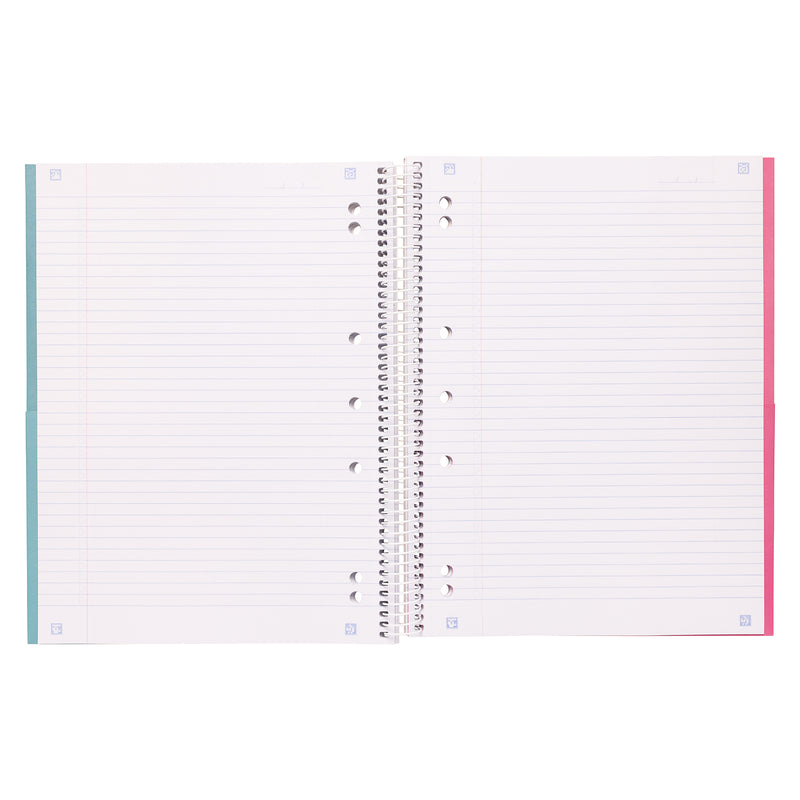 Interior spread of the Spirax 606 notebook displayed on a white background, showing wide ruled pages, colour coded subject dividers, spiral binding and organised four section layout for study or office use.