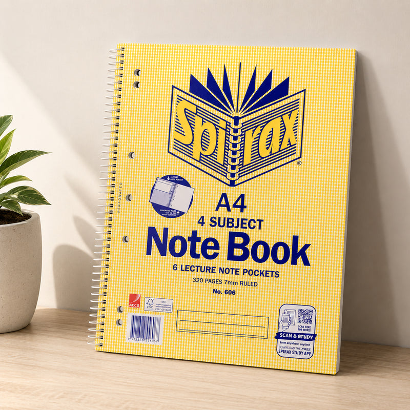 Spirax 606 A4 four subject notebook standing upright against a neutral wall with a modern desk and indoor plant, showcasing the bright yellow cover, side opening spiral binding, four subject layout and professional appearance.