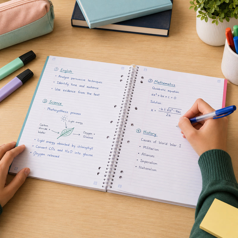 Open Spirax 606 A4 four subject notebook on a study desk with handwritten notes across English, Mathematics, Science and History sections while a student writes using a blue pen, demonstrating organised multi subject note taking and spacious ruled pages.