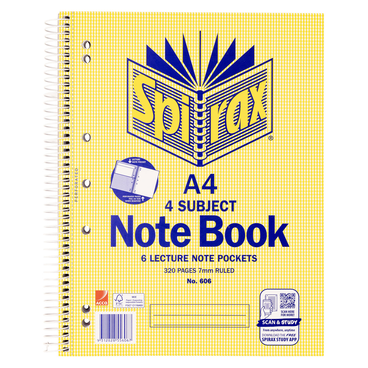 Spirax 606 A4 4 subject notebook with a yellow patterned cover, printed 6 lecture note pockets, 320 pages 7mm ruled and No. 606, with a spiral binding