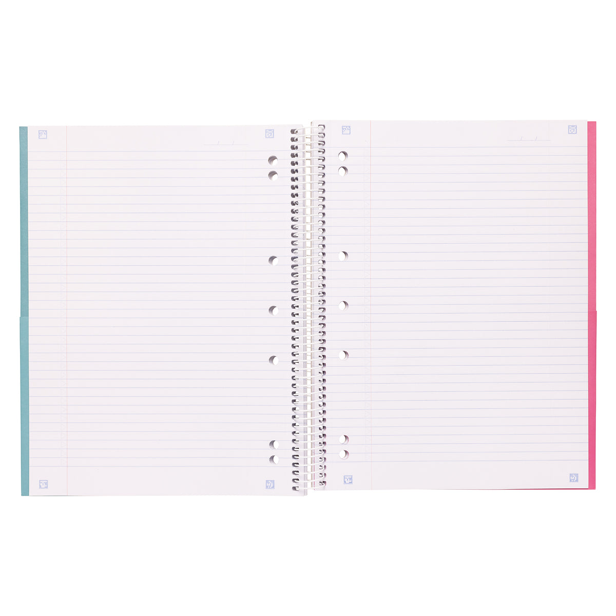Spirax 606 notebook lying open on a ruled spread, showing the spiral binding and the 7 punched holes down each page edge
