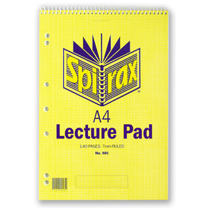 Spirax No. 905 A4 lecture book with yellow check cover reading A4 Lecture Pad, 140 pages 7mm ruled, spiral along the top and holes down the side