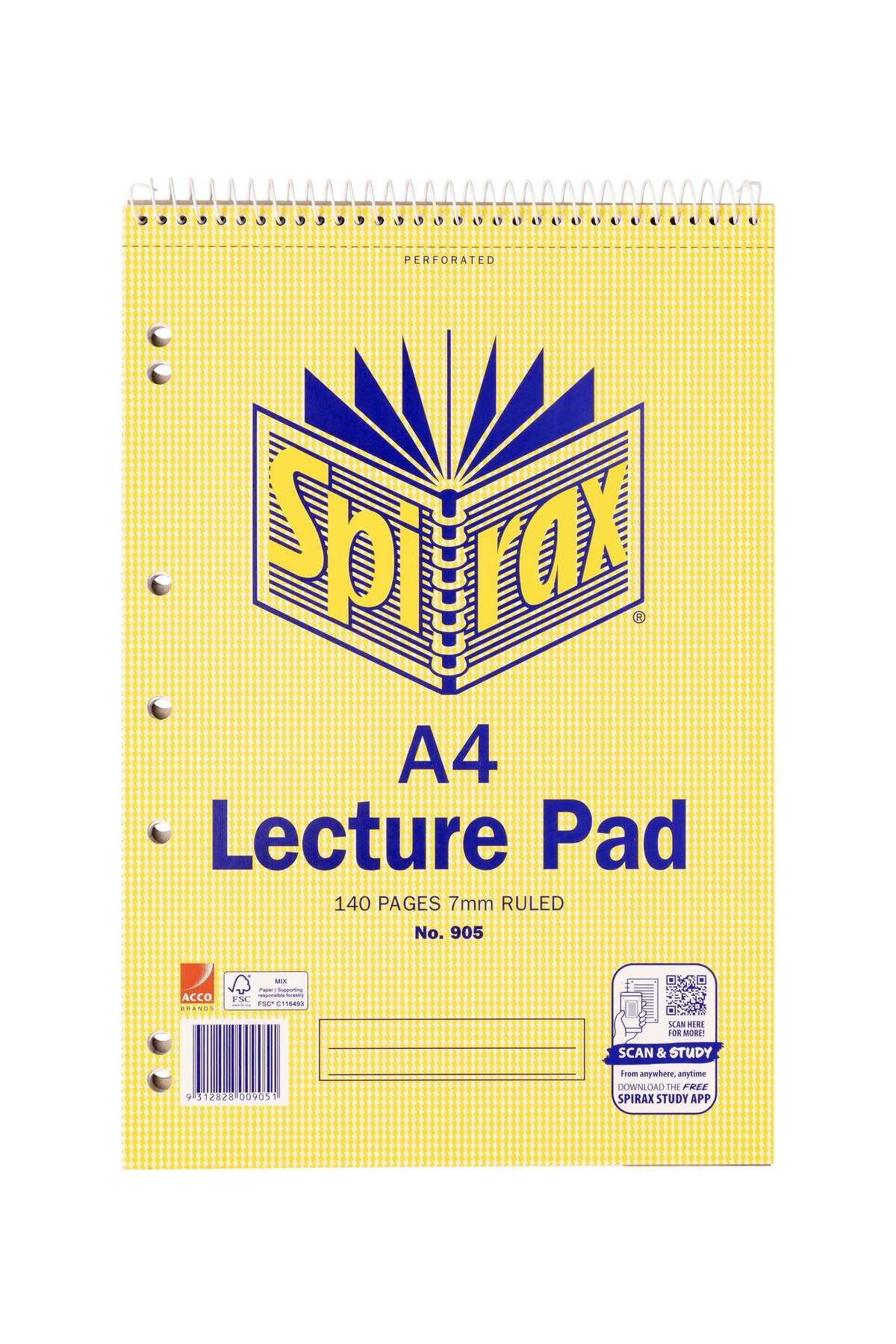 Front of the Spirax No. 905 A4 lecture pad with the spiral across the top, a perforated line, punched holes on the left, 140 pages 7mm ruled, a barcode and a Scan and Study app panel
