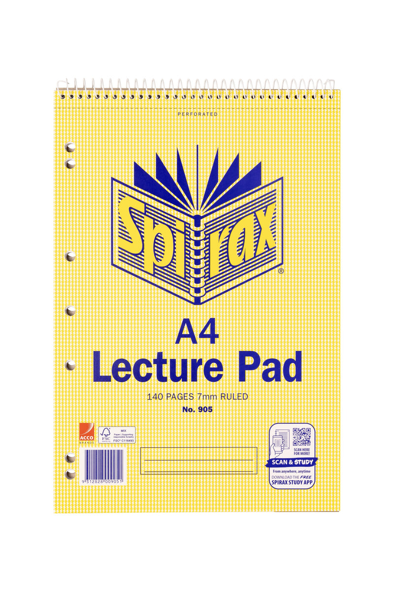 Front of the Spirax No. 905 A4 lecture pad with the spiral across the top, a perforated line, punched holes on the left, 140 pages 7mm ruled, a barcode and a Scan and Study app panel