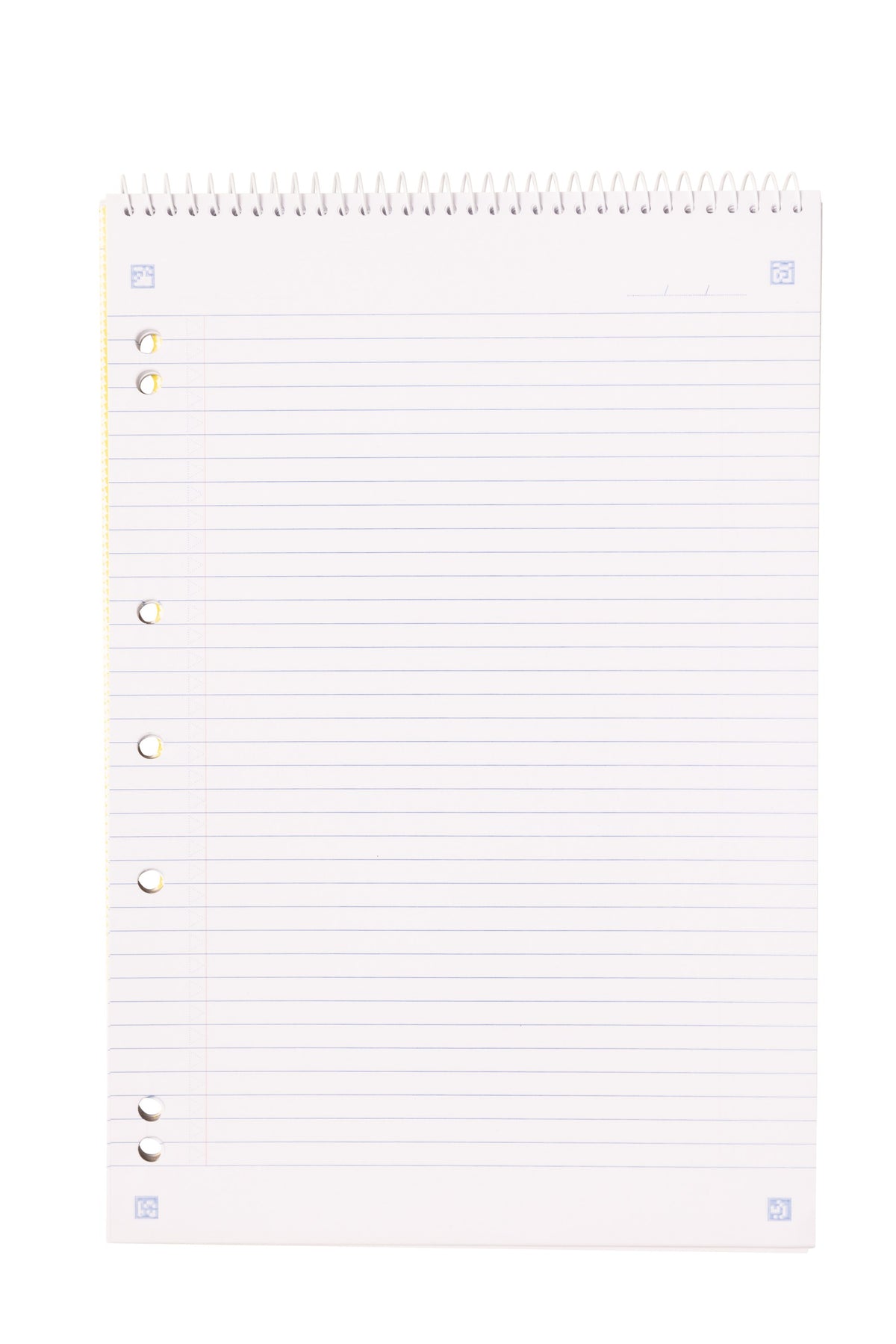 A page of the Spirax No. 905 lecture pad under the top spiral, blue 7mm lines with a thin red margin, punched holes down the left side and small scan markers in the corners