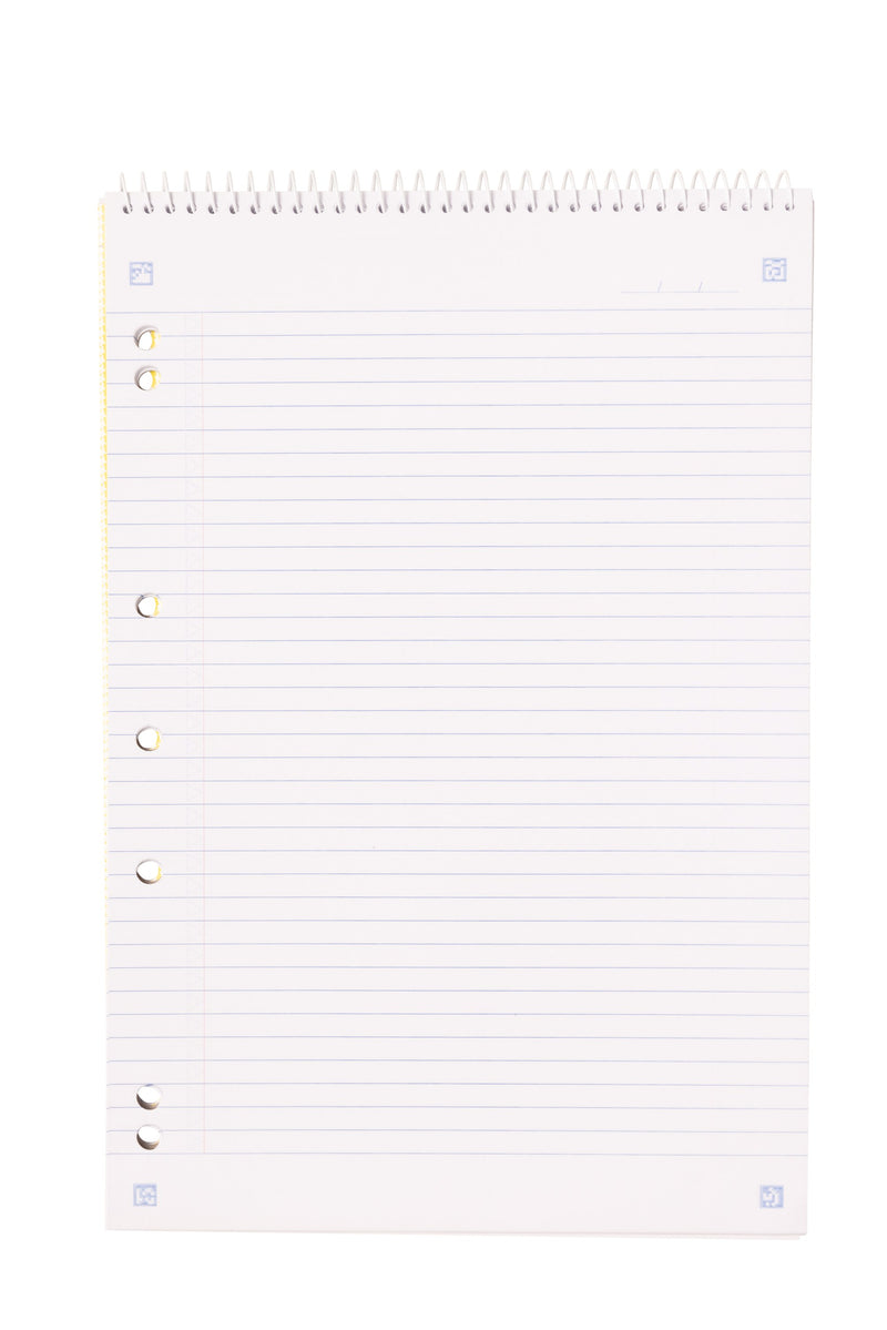 A page of the Spirax No. 905 lecture pad under the top spiral, blue 7mm lines with a thin red margin, punched holes down the left side and small scan markers in the corners