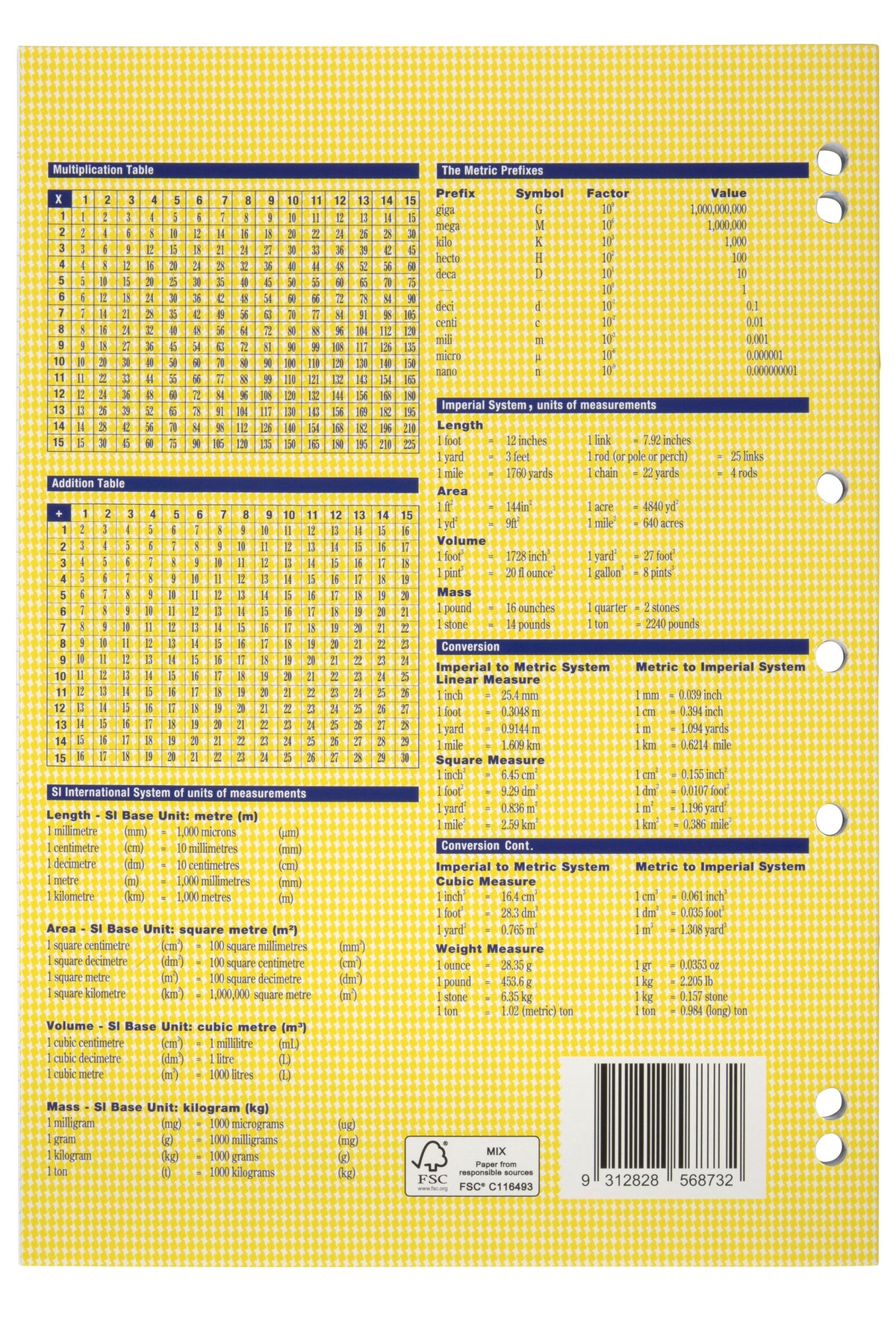 Back cover of the Spirax 120 binder book in yellow houndstooth with punched holes, multiplication and addition tables, measurement conversions and a barcode