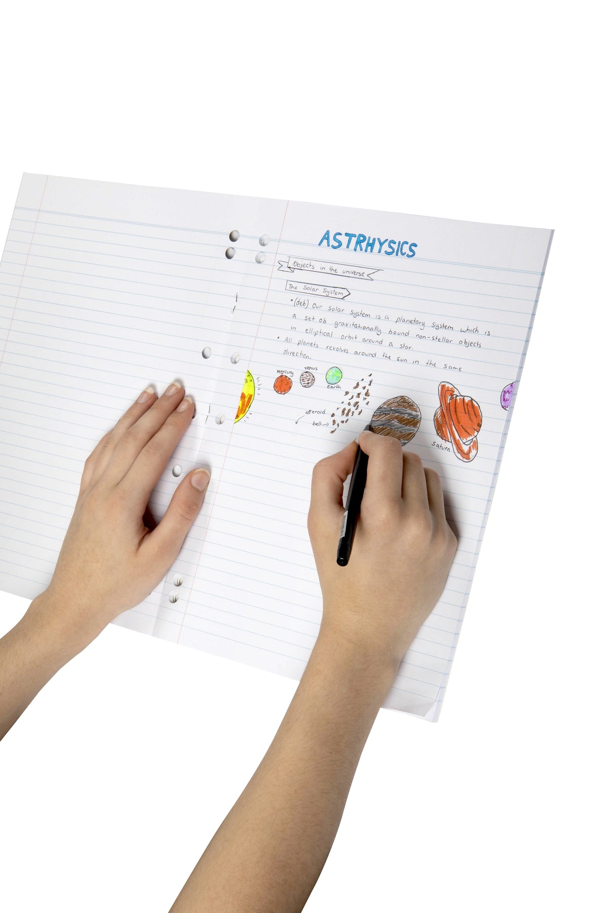 Student writing science notes with drawings of planets on the 8mm ruled pages of an open Spirax 120 A4 binder book with punched holes
