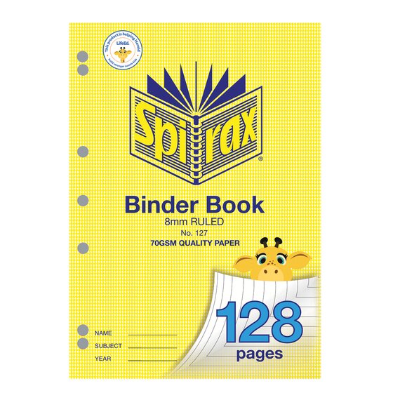 Spirax 127 A4 binder book, current yellow houndstooth cover with a giraffe, 8mm ruled, 70gsm quality paper and a blue 128 pages corner