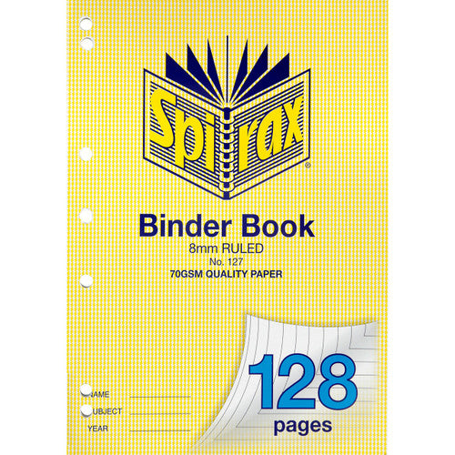 Earlier cover of the Spirax 127 binder book, 8mm ruled with 128 pages in blue and white punched holes along the binding edge, no giraffe