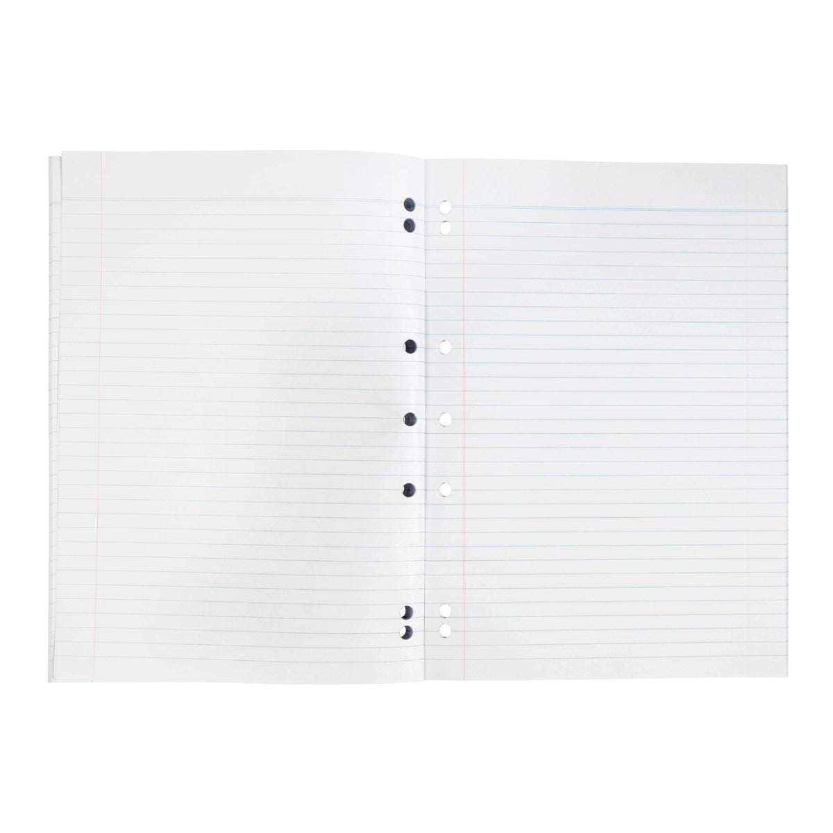 Open Spirax 127 A4 binder book showing a blank double page of 8mm ruled lines, a margin line on each page and punched binder holes down the centre