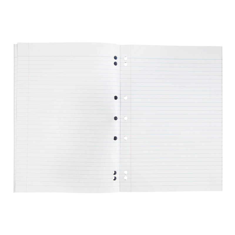 Open Spirax 127 A4 binder book showing a blank double page of 8mm ruled lines, a margin line on each page and punched binder holes down the centre
