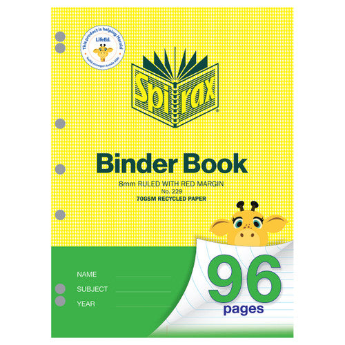 Spirax 229 A4 binder book, yellow and green cover with a giraffe, marked 8mm ruled with red margin and 96 pages, punched holes on the left edge