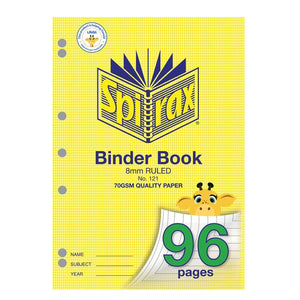 Spirax 121 A4 binder book, yellow houndstooth cover marked 8mm ruled and 96 pages, with a row of punched holes down the left edge