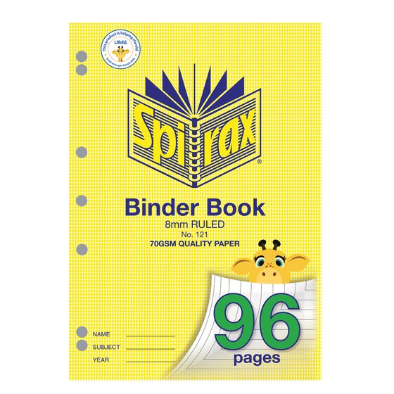 Spirax 121 A4 binder book, yellow houndstooth cover marked 8mm ruled and 96 pages, with a row of punched holes down the left edge