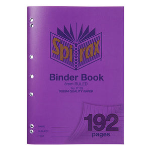 Spirax P128 A4 binder book with a purple cover printed 8mm ruled, 70gsm quality paper and 192 pages, with punched holes down the binding edge