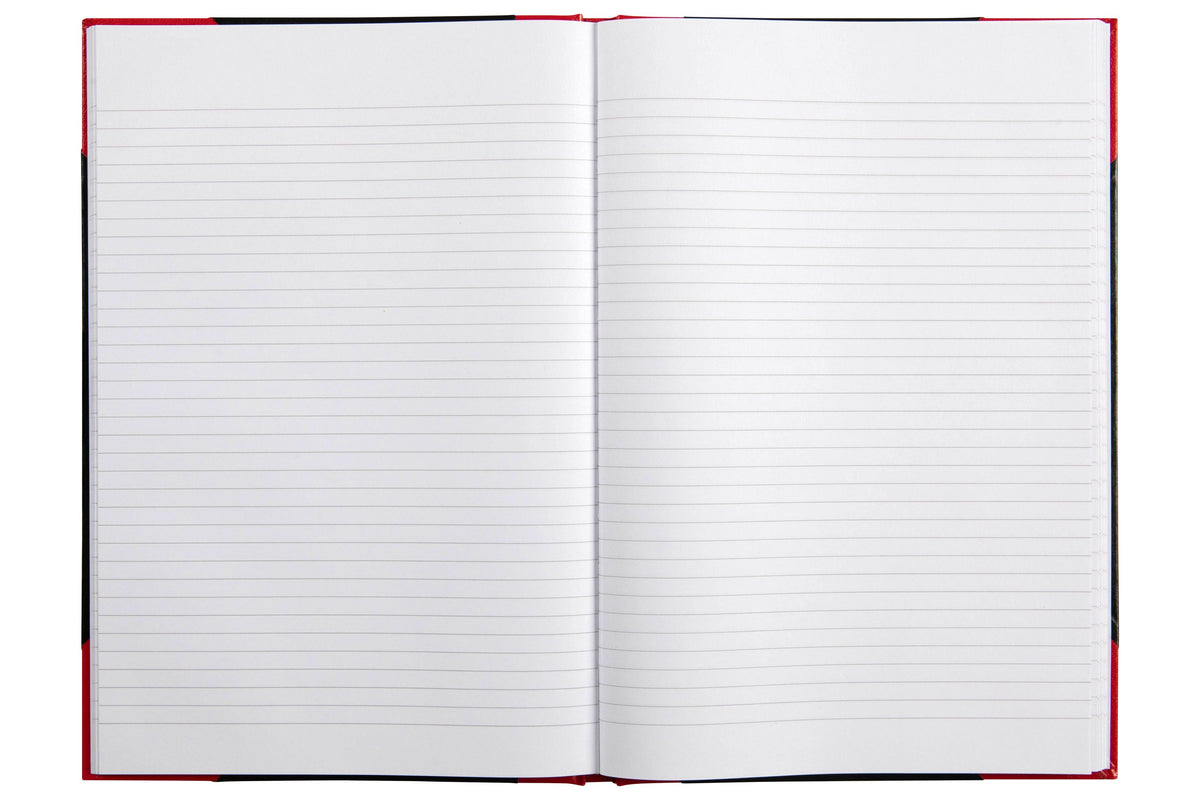 Spirax black and red casebound A4 notebook lying open on a spread of grey ruled lines without a margin, framed by the red cloth corners and black cover boards
