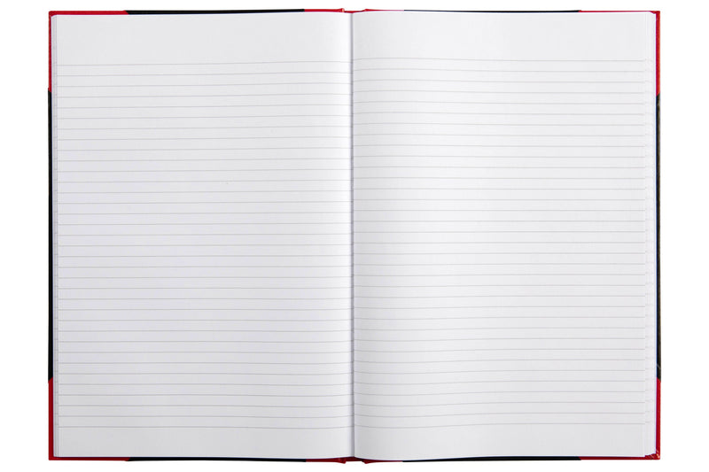 Spirax black and red casebound A4 notebook lying open on a spread of grey ruled lines without a margin, framed by the red cloth corners and black cover boards