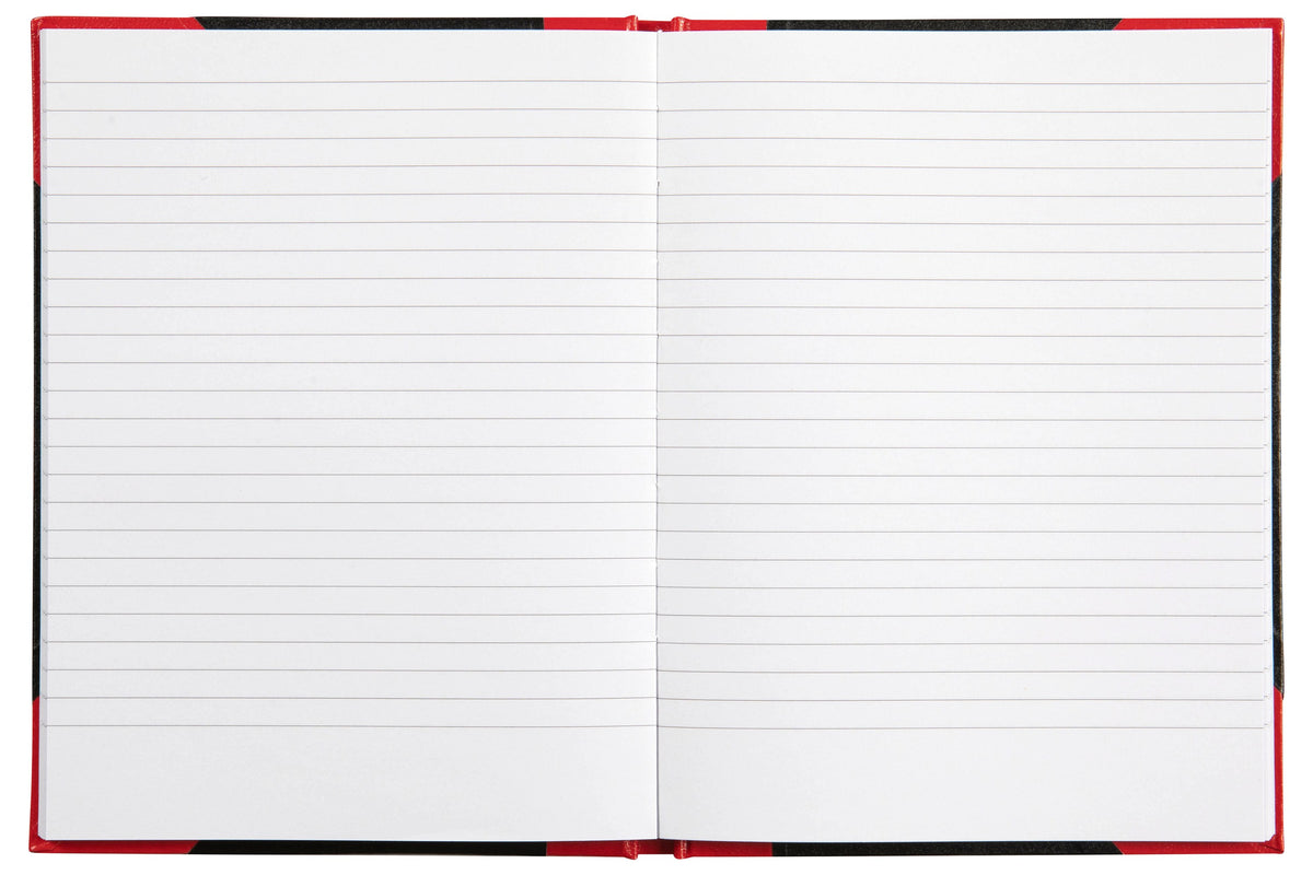 Spirax black and red casebound A5 notebook opened flat to two facing pages of grey ruled lines with no margin, the red corners and black cover showing around the pages