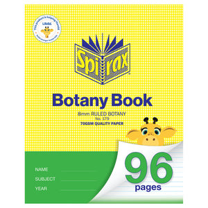 Spirax 179 botany book, yellow cover with a green lower band and giraffe, printed 8mm ruled botany, 70gsm quality paper and 96 pages