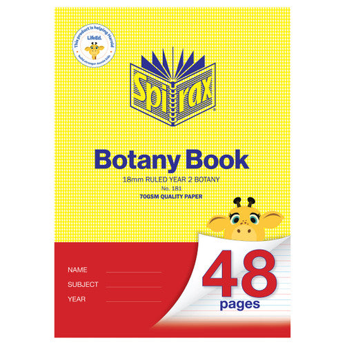 Spirax 181 A4 botany book with a yellow and red cover, printed 18mm ruled Year 2 botany and 70gsm quality paper, a giraffe and 48 pages
