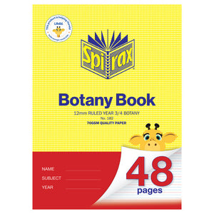 Spirax 182 botany book in A4, yellow cover with a red band and giraffe, printed 12mm ruled Year 3/4 botany, 70gsm quality paper and 48 pages