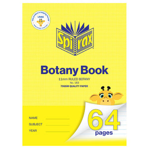 Spirax 183 botany book cover in yellow, printed 11mm ruled botany and 70gsm quality paper, with a cartoon giraffe and a yellow 64 pages marker