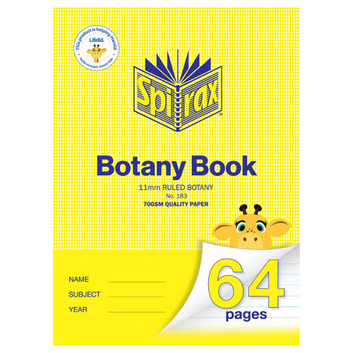 Spirax 183 botany book cover in yellow, printed 11mm ruled botany and 70gsm quality paper, with a cartoon giraffe and a yellow 64 pages marker