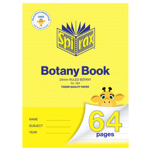 Front cover of the Spirax 184 botany book, yellow with 14mm ruled botany and 70gsm quality paper printed under the title and a giraffe beside a yellow 64 pages curl