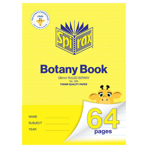 Yellow Spirax botany book No. 185 with 18mm ruled botany and 70gsm quality paper on the cover, a cartoon giraffe and a 64 pages page curl