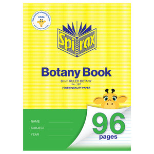 Spirax 187 botany book cover with a yellow top and green lower band, printed 8mm ruled botany and 70gsm quality paper, and a green 96 pages marker by the giraffe