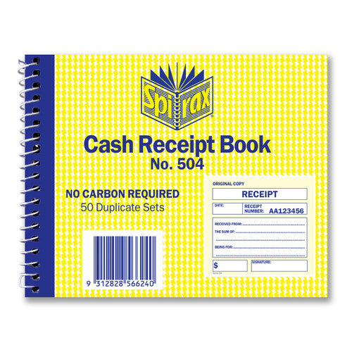 Spirax Carbonless Cash Receipt Book 102 x 127mm spiral bound cover with pre-printed receipt template visible