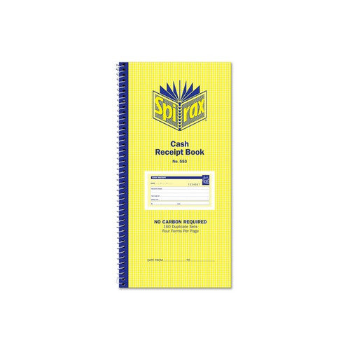 Spirax carbonless cash receipt book spiral bound with numbered duplicate sets, 279x144mm, front cover view